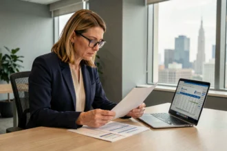 Femme professionnelle analysant des documents d'entreprise pour vérifier la fiabilité d'une société avant engagement