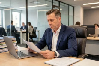 Homme d'affaires analysant des documents contractuels pour vérifier la fiabilité d'un partenaire commercial avant signature