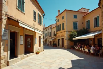 Place de village corse en été avec une devanture commerciale vide, habitants discutant près d'une terrasse de café, ambiance méditerranéenne authentique