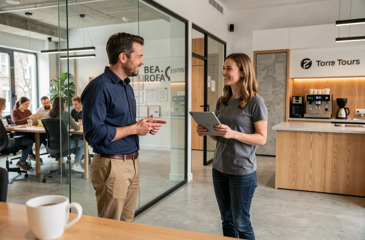 Homme discutant avec un responsable d'espace de coworking à Tours lors d'une visite d'essai dans un bureau partagé moderne