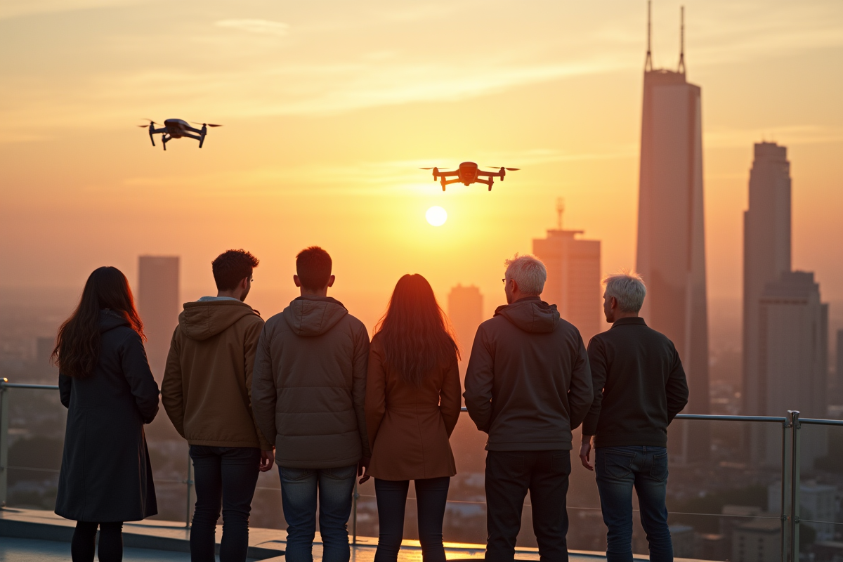 Groupe de personnes sur un toit avec skyline futuriste 2030